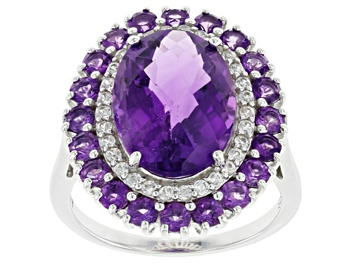 Photo of 4.76ctw Oval Checkerboard Cut, 1.32ctw Round African Amethyst & Zircon Rhodium Over Silver Ring - Size 7