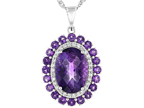 Photo of 4.76ct Oval Checkerboard Cut, 1.32ctw Amethyst, Zircon Rhodium Over Silver Pendant With Chain