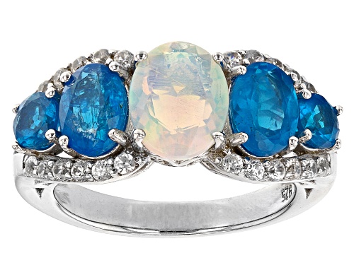 Photo of .77ct Oval Ethiopian Opal, 1.65ctw Neon Apatite and .41ctw White Zircon Rhodium Over Silver Ring - Size 9