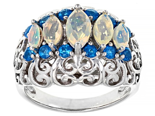 .57ctw Marquise Ethiopian Opal With .59ctw Neon Apatite Rhodium Over Silver Ring - Size 8