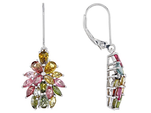 Photo of 1.99ctw Marquise and 1.36ctw Pear Shape Multi-Tourmaline Rhodium Over Silver Cluster Earrings
