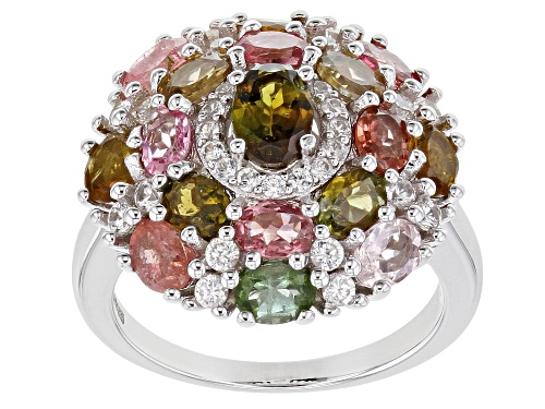 Photo of 2.69ctw Oval Multi-Tourmaline with .73ctw Round White Zircon Rhodium Over Sterling Silver Ring - Size 8