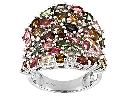 5.43ctw Mixed Shape Multi-Tourmaline and .32ctw Zircon Rhodium Over Sterling Silver Saddle Ring - Size 7