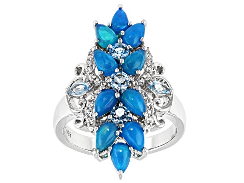 Photo of 1.11ctw Pear Paraiba Blue Color Opal, .46ctw Blue Topaz, .22ctw White Zircon Rhodium Silver Ring - Size 7