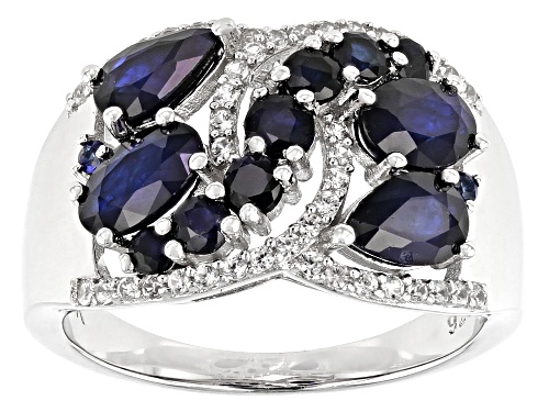 Photo of 2.45ctw Mixed Shape Blue Sapphire and .19ctw Zircon Rhodium Over Sterling Silver Cluster Band Ring - Size 8