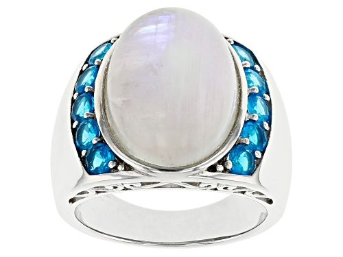 Photo of 16x12mm Oval Cabochon Rainbow Moonstone and 1.02ctw Neon Apatite Rhodium Over Silver Ring - Size 8
