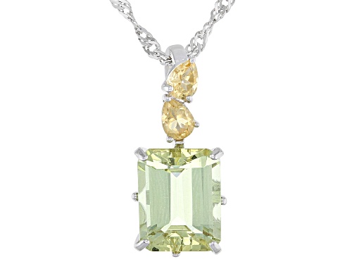 3.16ct Emerald Cut Yellow Apatite and .22ctw Citrine Rhodium Over Silver Pendant With Chain