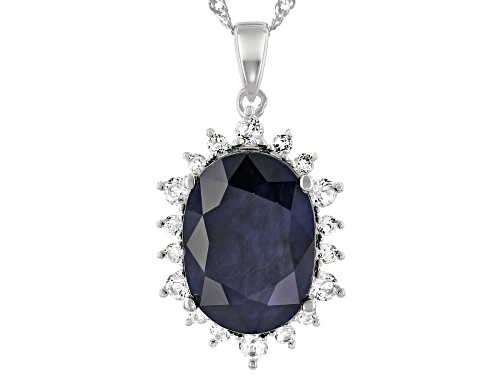 7.40ct Oval Sapphire and .79ctw White Topaz Rhodium Over Sterling Silver Halo Pendant With Chain