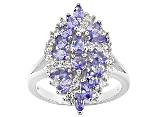 Photo of 1.20ctw Marquise & Pear Shape Tanzanite With .49ctw Zircon Rhodium Over Silver Cluster Ring - Size 7
