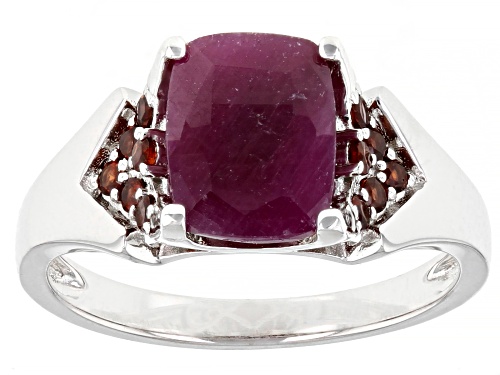 Photo of 2.38ct Cushion Indian Ruby With 0.24ctw Round Vermehlo Garnet(TM) Rhodium Over Silver Ring - Size 7