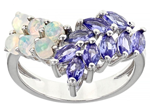 Photo of 1.26ctw Marquise Tanzanite And 0.50ctw Round Ethiopian Opal Rhodium Over Sterling Silver Ring - Size 7
