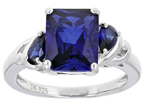 2.58ct Octagon and .43ctw Pear Shaped Lab Created Blue Sapphire Rhodium Over Sterling Silver Ring - Size 7