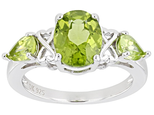 1.62ct Oval And 0.77ctw Pear shape Manchurian Peridot(TM) Rhodium Over Sterling Silver 3-Stone Ring - Size 7