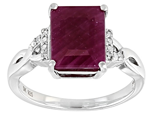 Photo of 3.68ct Rectangular Octagonal India Ruby And 0.05ctw White Diamond Accent Rhodium Over Silver Ring - Size 8