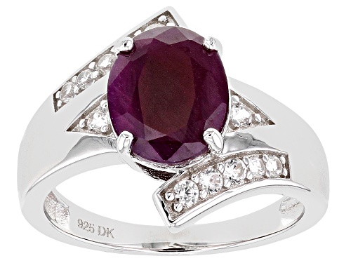3.17ct Oval Indian Ruby With 0.40ctw Round White Zircon Rhodium Over Sterling Silver Ring - Size 7