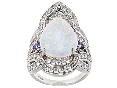 17X12mm Pear Lab Opal, .13ctw Tanzanite, 1.70ctw Lab White Sapphire Rhodium Over Silver Ring - Size 6