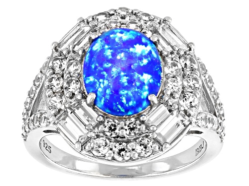 Photo of 10x8mm Blue Lab Opal, 0.96ctw White Zircon, and 0.52ctw White Topaz Rhodium Over Silver Ring - Size 7