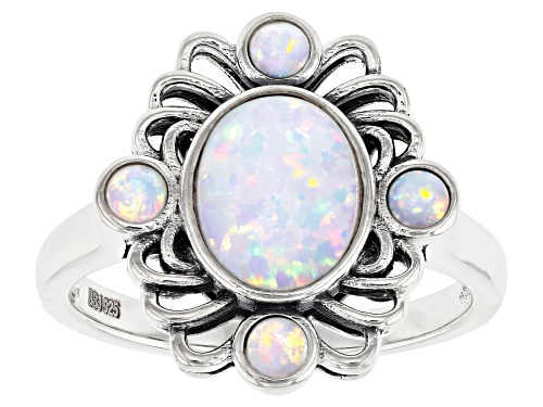 Photo of 10x8mm Oval and 3mm Round Lab Created White Opal Rhodium Over Sterling Silver Ring - Size 8