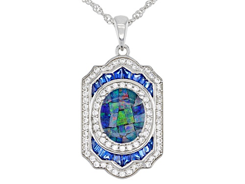 Photo of 11x9mm Mosaic Opal Triplet, .57ctw Lab Spinel, & .94ctw Zircon Rhodium Over Silver Pendant W/Chain