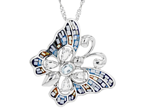 Photo of Mother Of Pearl With 1.02ctw White Topaz and Sky Blue Topaz Rhodium Over Silver Pendant With Chain