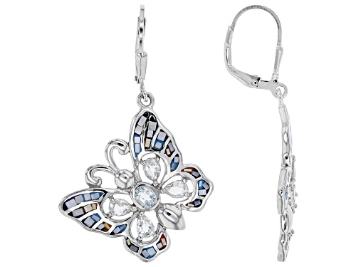 Photo of Mother-of-Pearl With 1.70ctw White Topaz and Sky Blue Topaz Rhodium Over Silver Butterfly Earrings