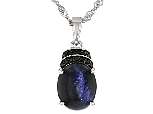 Photo of 12x10mm Blue Tigers Eye With 0.10ctw Black Spinel Rhodium Over Sterling Silver Pendant With Chain