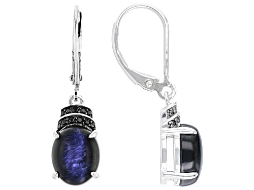 10x8mm Oval Blue Tigers Eye With 0.12ctw  Black Spinel Rhodium Over Sterling Silver Dangle Earrings