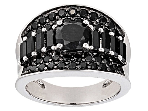 2.94ctw Square Cushion, Baguette And Round Black Spinel Sterling Silver Ring - Size 7