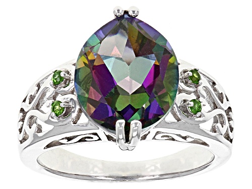 4.03ct Marquise Green Multicolor Quartz With .06ctw Round Russian Chrome Diopside Silver Ring - Size 7