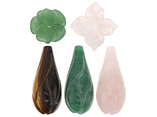 Photo of Assorted Gemstone Carved Flower Pendant Set of 5 in assorted sizes