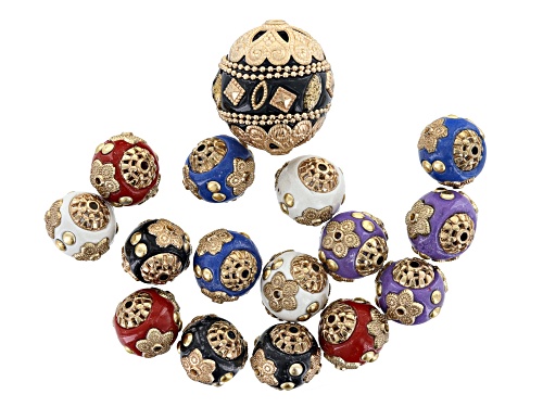 Photo of Enamel Flower Texture Round Beads in Gold Tone in Assorted Colors 16 Pieces Total