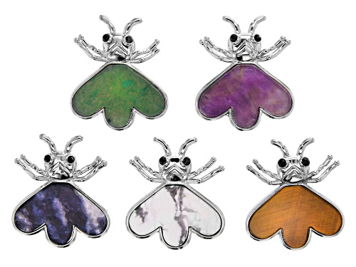 Multi-Gemstone Firefly Focal Pendant Set of 5 appx 29x31mm in Silver Tone