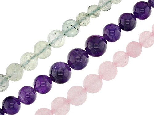 Amethyst, Rose Quartz & Prehnite Graduated Round appx 6-12mm Bead Strand Set of 3 appx 15-16"