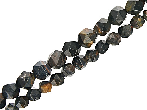 Iron Color Tigers Eye & Hawks Eye Mix Faceted appx 6-8mm Off-Round Bead Strand Set of 2 appx 14-15