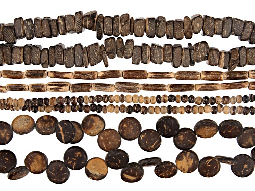 Coconut Shell Bead Strand Set of 8 in 4 Shapes