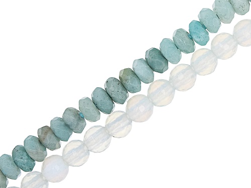 Photo of Blue Quartzite & Man-Made Opalite Faceted Round & Rondelle Large Hole Bead Strand appx 7-8"