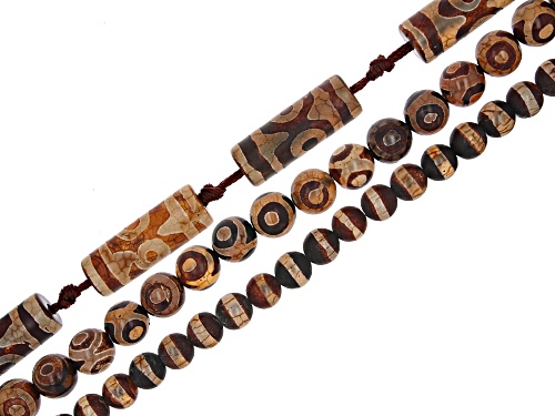 DZI Inspired Agate Round And Cylinder Bead Strand Set of 3 appx 13-16"