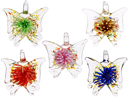 Multicolor 40x40mm Glass Butterfly Pendant Set of 5
