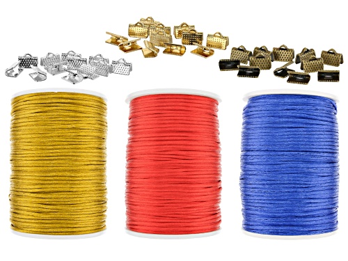 Photo of Knotting Satin Cord Supply Set in Vibrant Colorway with Assorted Cords appx 2mm appx 144yd & Crimps