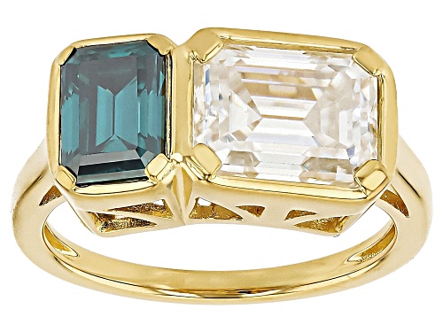 MOISSANITE FIRE® AND GREEN MOISSANITE 3.53CTW DEW EMERALD CUT 14K YELLOW GOLD OVER SILVER RING - Size 6