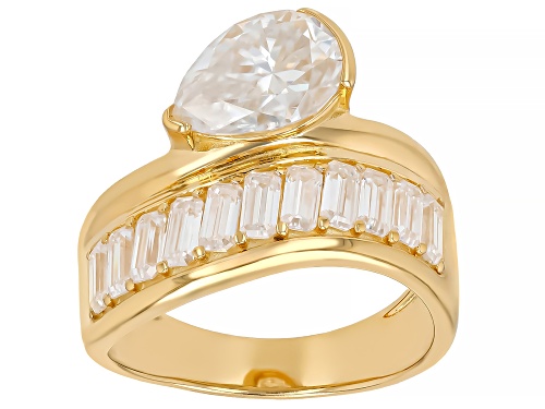 MOISSANITE FIRE® 3.27CTW DEW PEAR AND BAGUETTE AND ROUND 14K YELLOW GOLD OVER SILVER RING - Size 7