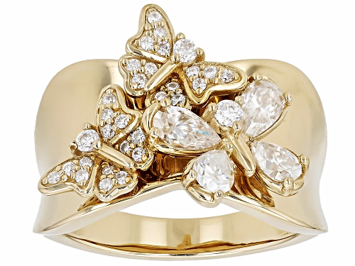 Moissanite Fire® 1.17ctw DEW Pear and Round 14k Yellow Gold Over Sterling Silver Ring - Size 8
