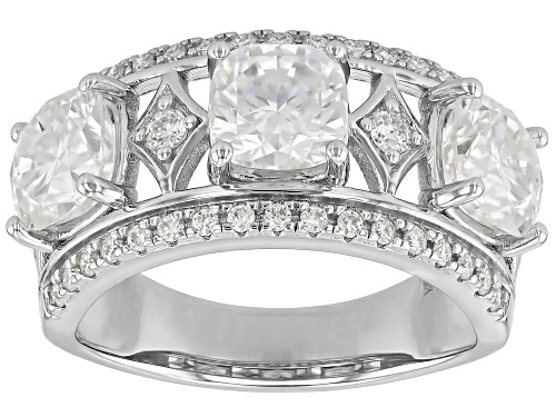 Moissanite Fire® 3.76ctw DEW Square Cushion and Round Platineve® Ring - Size 7