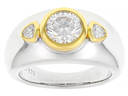MOISSANITE FIRE® 1.38CTW DEW ROUND AND TRILLION PLATINEVE® AND 14K YELLOW GOLD OVER SILVER RING - Size 7