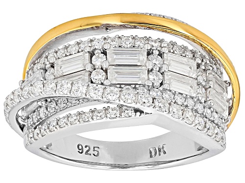 MOISSANITE FIRE® 2.07CTW DEW BAGUETTE AND ROUND PLATINEVE® AND 14K YELLOW GOLD OVER SILVER RING - Size 8