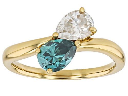 MOISSANITE FIRE® AND GREEN MOISSANITE 1.56CTW DEW PEAR SHAPE 14K YELLOW GOLD OVER SILVER RING - Size 7