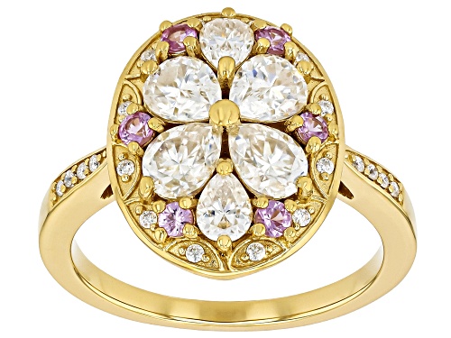 MOISSANITE FIRE® 1.72CTW DEW PEAR & ROUND WITH ROUND PINK SAPPHIRE 14K YELLOW GOLD OVER SILVER RING - Size 6