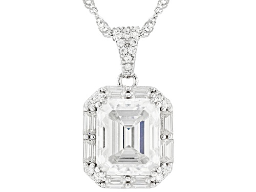 MOISSANITE FIRE® 5.73CTW DEW EMERALD AND BAGUETTE AND ROUND PLATINEVE® PENDANT AND CHAIN