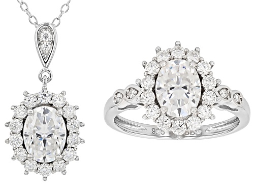 MOISSANITE FIRE® 3.91CTW DEW OVAL AND ROUND PLATINEVE® RING AND PENDANT WITH CHAIN