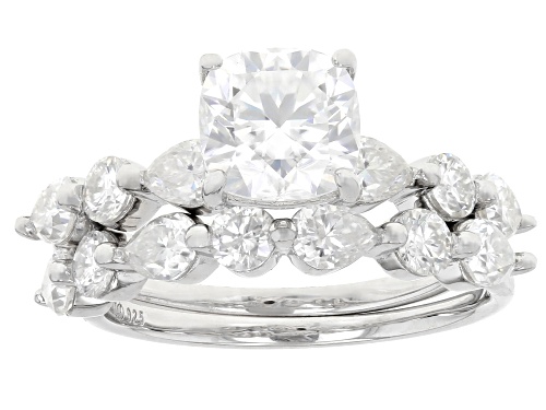 MOISSANITE FIRE® 3.48CTW DEW SQUARE CUSHION, PEAR AND ROUND PLATINEVE® RING AND BAND - Size 8